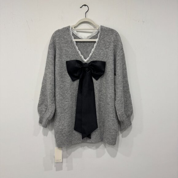 Commense Lace Trim Bow-Decor Draped Oversized Sweater NWT, Size S - Picture 6 of 17